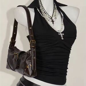 Classic Black Halter Top With Ruched Waist Details 🪞